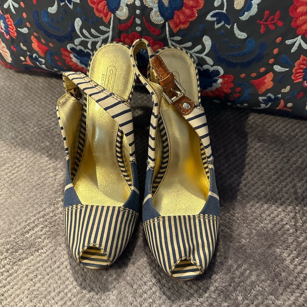 COACH Platform Sandals; Size 9.5; Vintage; 
Classic Stripe; Leather Buckle